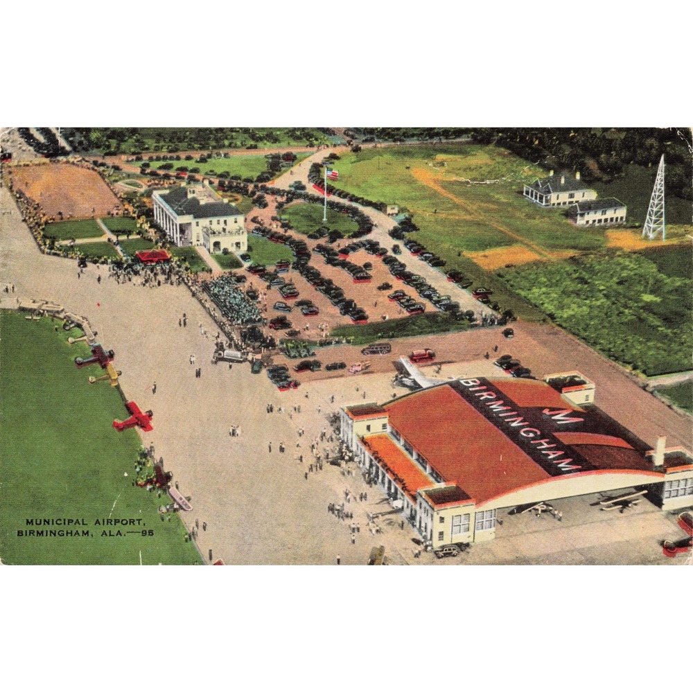 Birmingham Alabama Municipal Airport Linen Postcard c1940s Aerial View E.C. Krop